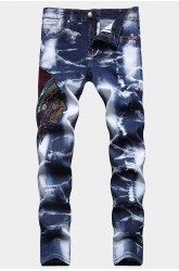 Men's Washed Indian Pattern Embroidery Slim-fit Jeans