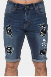 Sky Blue Skull Graphic Patchwork Distressed Skinny Fit Men's Jeans