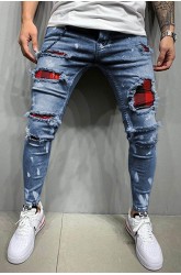 Plaid Patchwork Distressed Slim-fit Men's Jeans