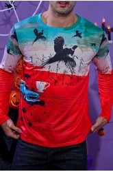 Men's Halloween Flying Bird Car Print Long Sleeve Knit T-shirt