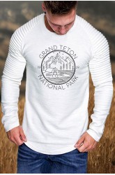 White Men's Letter Graphic Print Pleated Long Sleeve Top