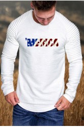 White America Flag Letter Print Pleated Sleeve Men's Graphic Tee