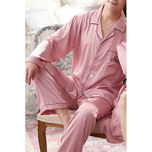 Pink Men Silk Like Long Sleeve Pajamas Set Pink Men Silk Like Long Sleeve Pajamas Set