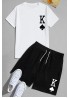 White Letter Print Short Sleeve Tee and Elastic Waist Shorts Men's Set